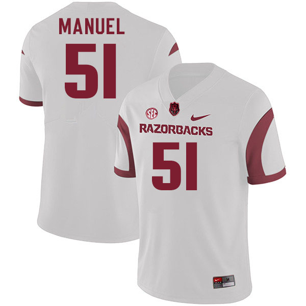 Men #51 Devon Manuel Arkansas Razorback College Football Jerseys Stitched Sale-White - Click Image to Close